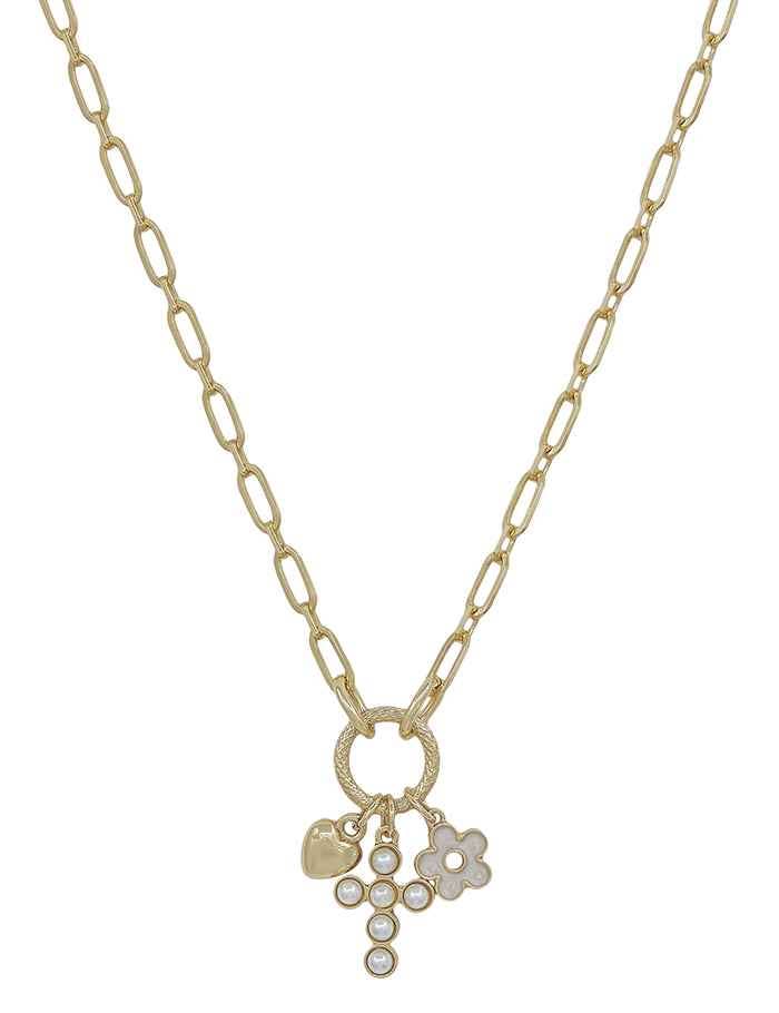 Gold Chain with Cross, Heart, and Flower Charm 16"-18" Necklace