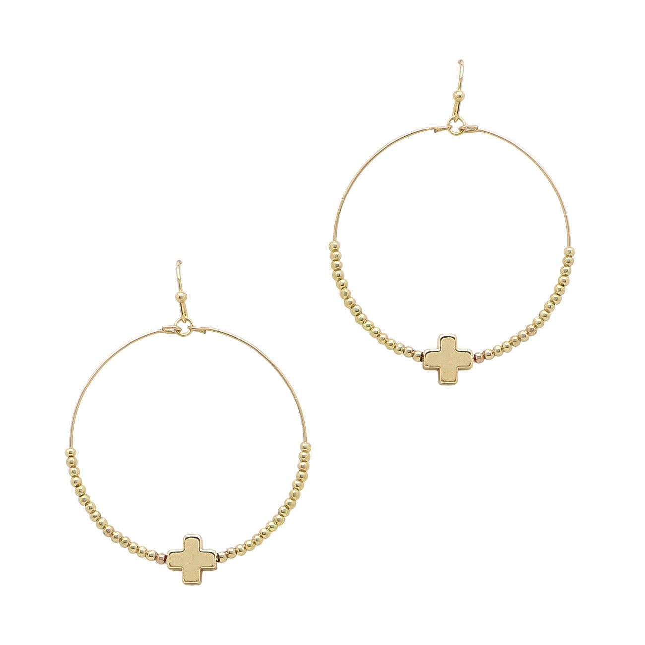 Gold Open Hoop with Squared Cross and Gold Beads 1.75" Earrings