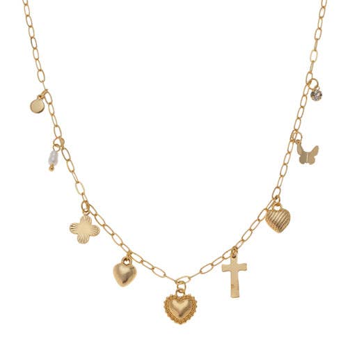 Gold Chain with Heart, Cross, Clover Charm 16"-18" Necklace