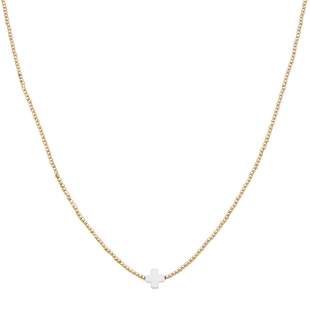 Gold Beaded with Single White Cross 16"-18" Necklace