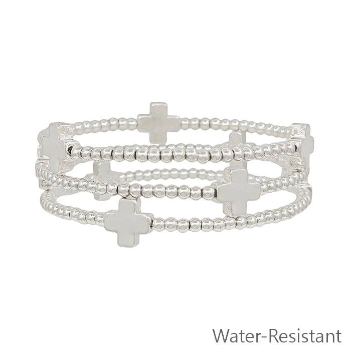 Water Resistant Silver 3mm Beaded with Cross Stretch Bracelet