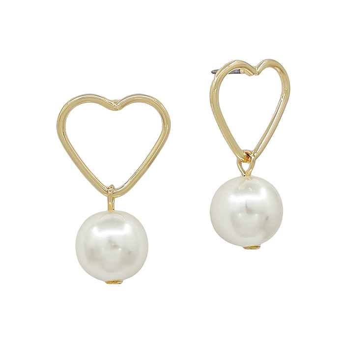 Gold Open Heart and Pearl Drop .75" Stud Earrings