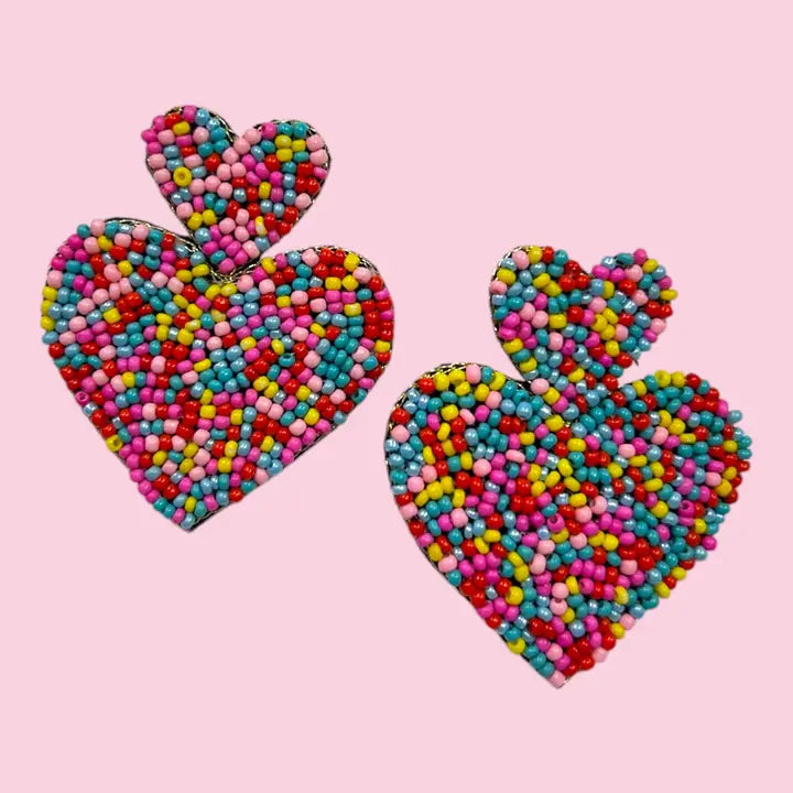 Multi Colored Beaded Heart Earrings