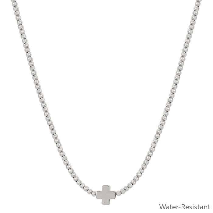 Water Resistant Silver Beaded Chain with Silver Cross 16"-18" Necklace