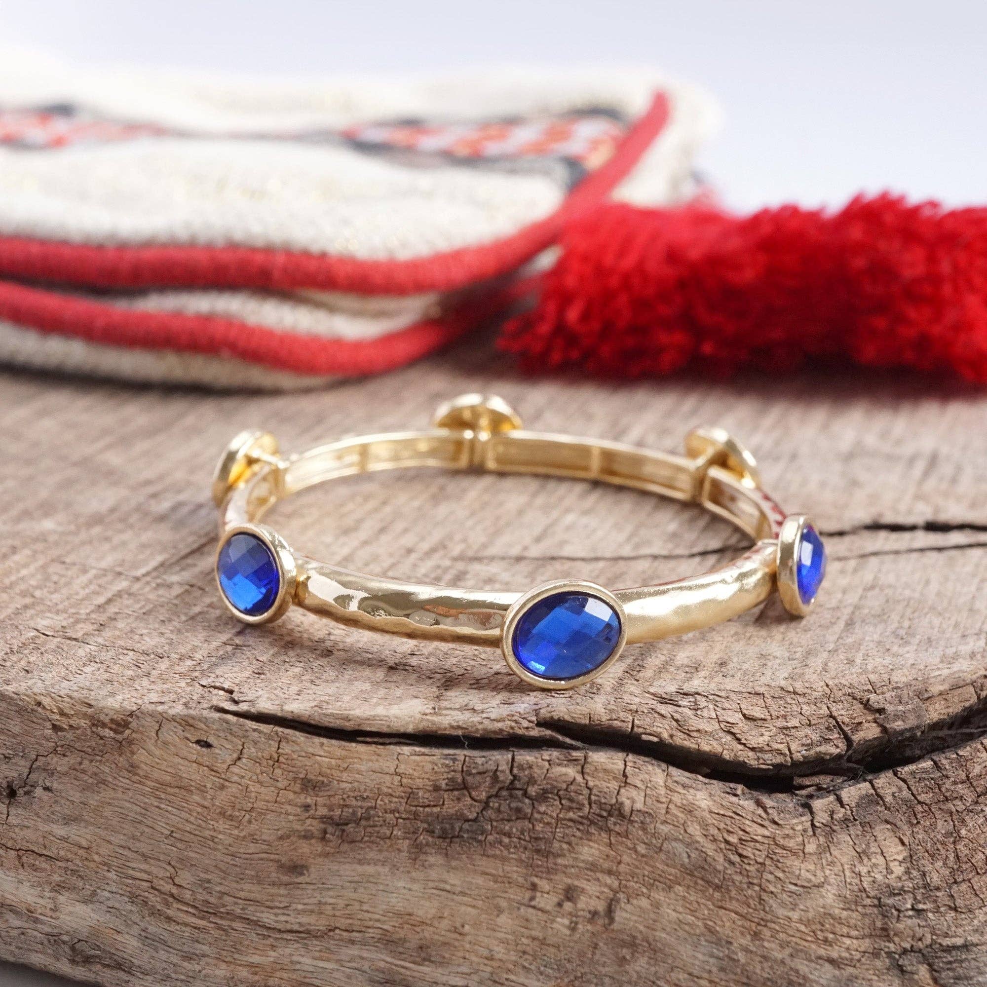 Jeweled Golden Bangle - with Faceted glass oval colorful jewels: Royal Blue