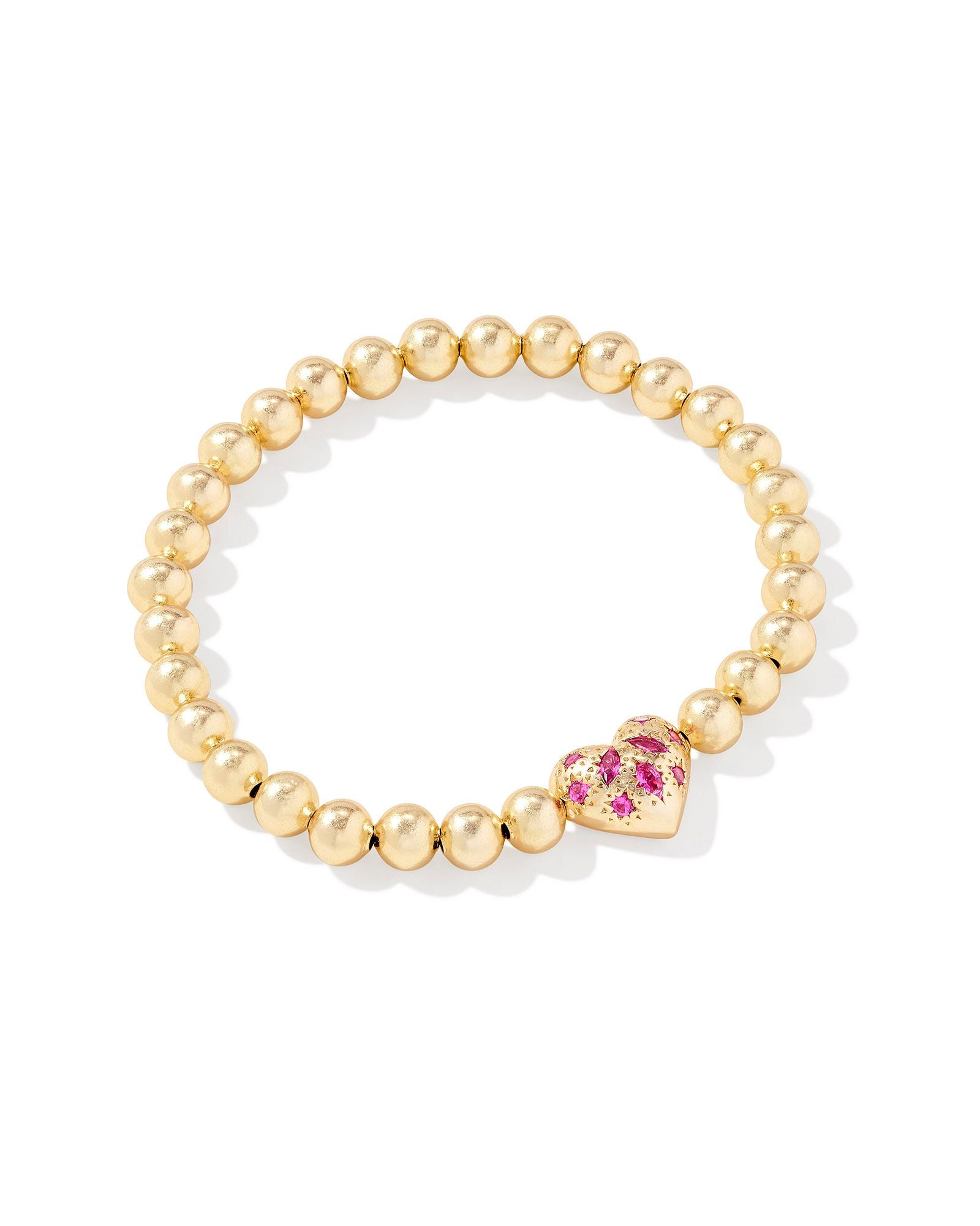 Holland Gold Beaded Heart Stretch Bracelet Pink Crystal