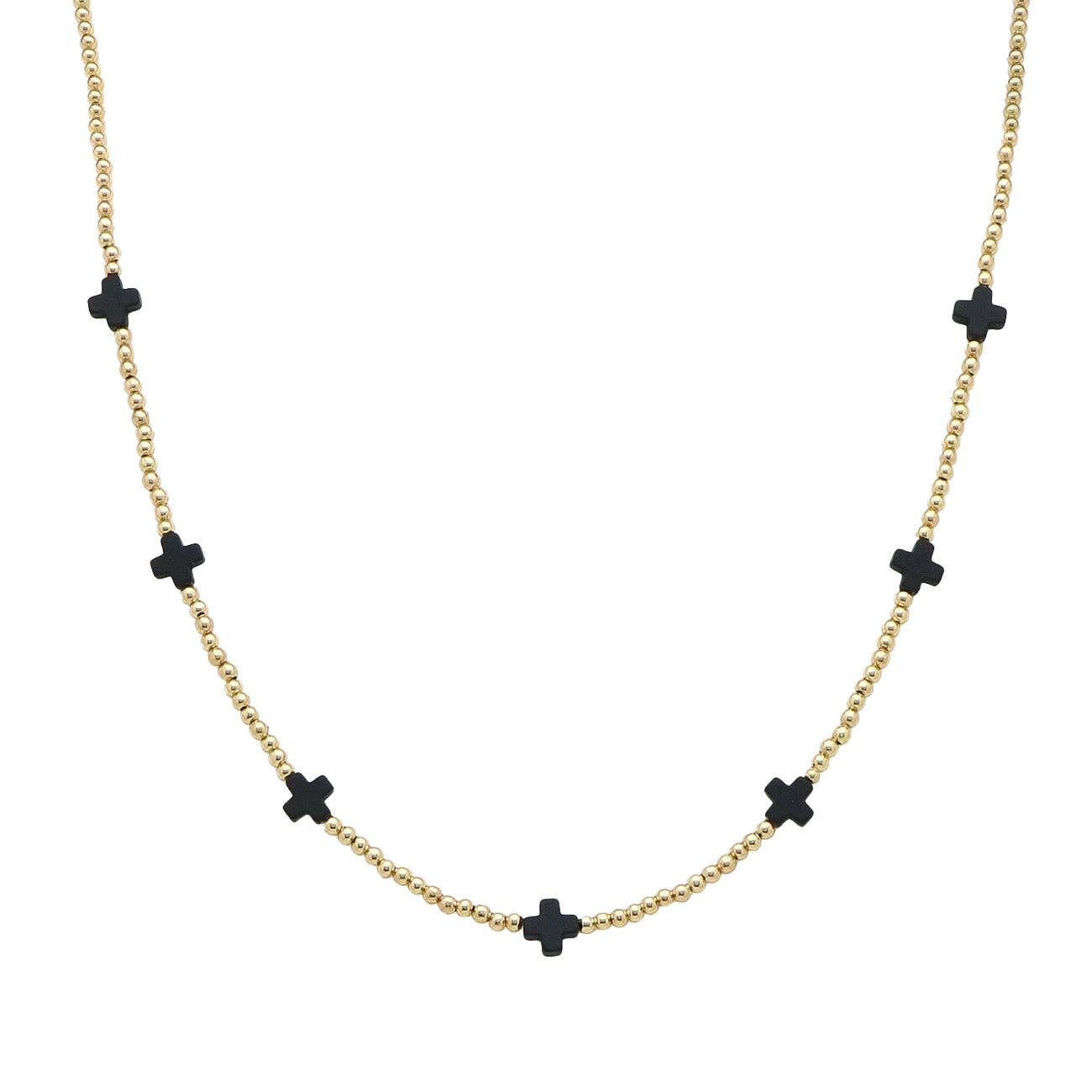 Gold Beaded with Black Cross Necklace