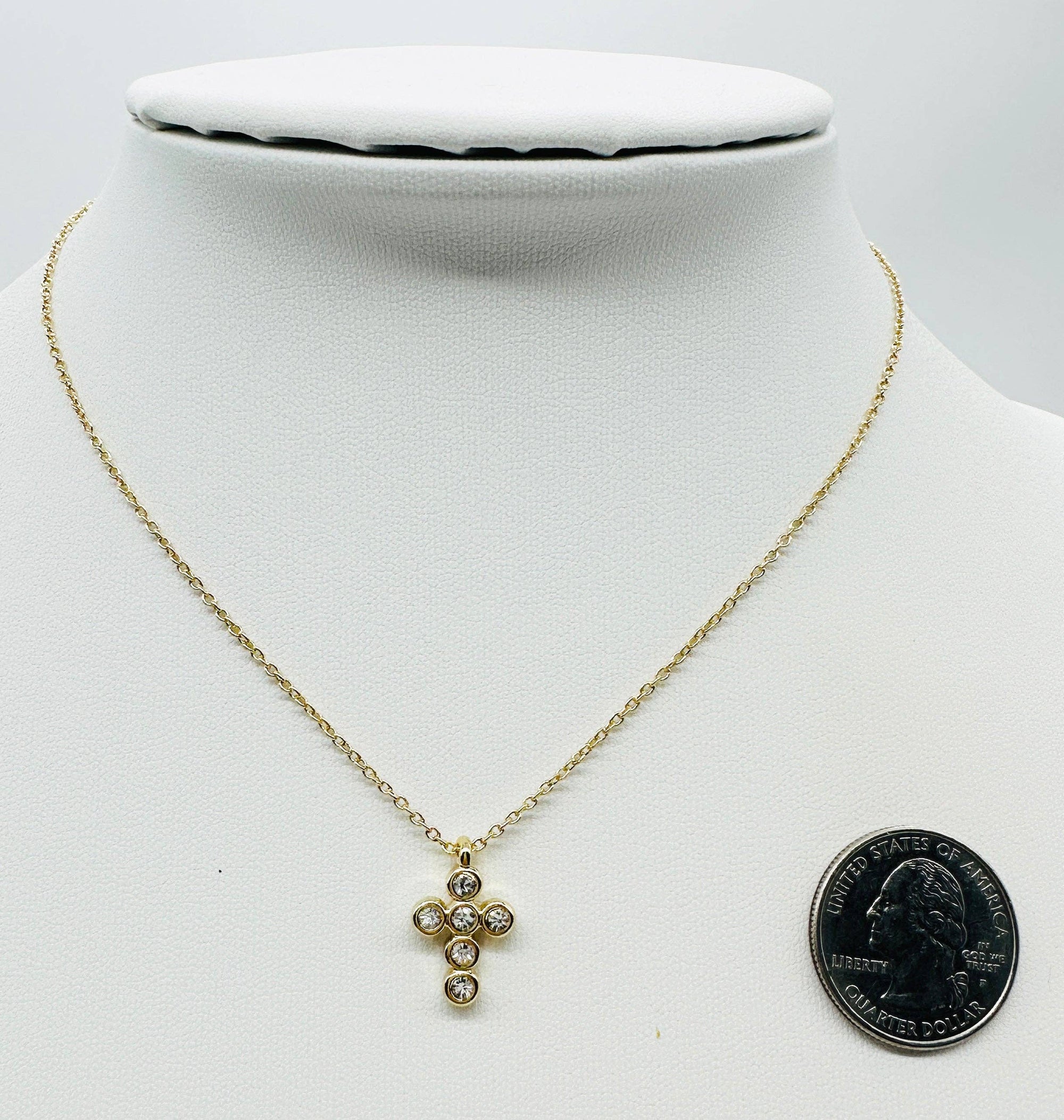 Gold Chain with Rhinestone Bubble Cross 16"-18" Necklace