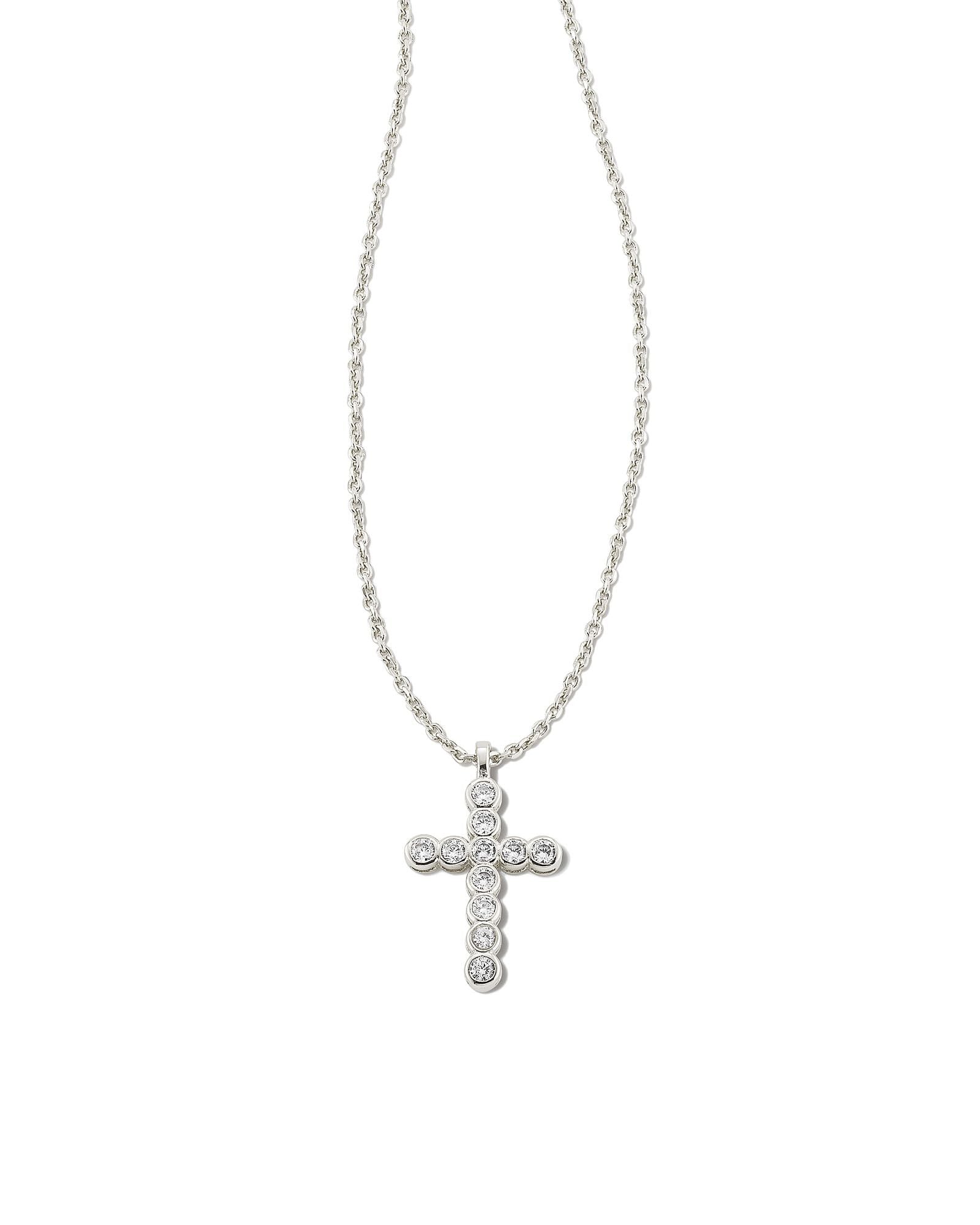 Boxed Cross Crystal Pendant Necklace Silver White Crystal