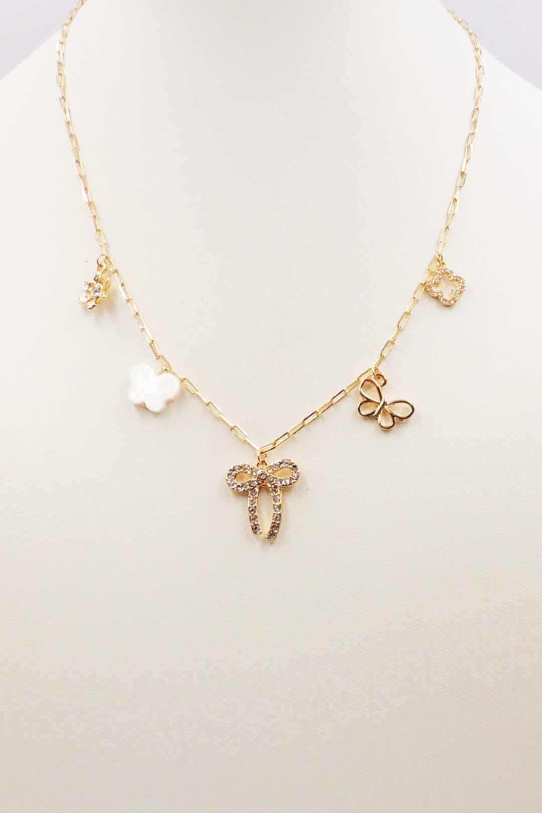 Multi Gold Bow, Butterfly Charm Necklace 16"-18"