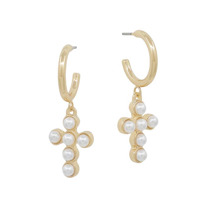 Gold Pearl Studded Cross Drop Earrings