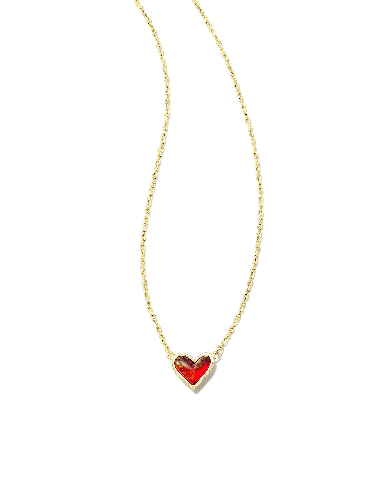 Framed Ari Heart Gold Short Pendant Necklace in Red Opalescent Resin