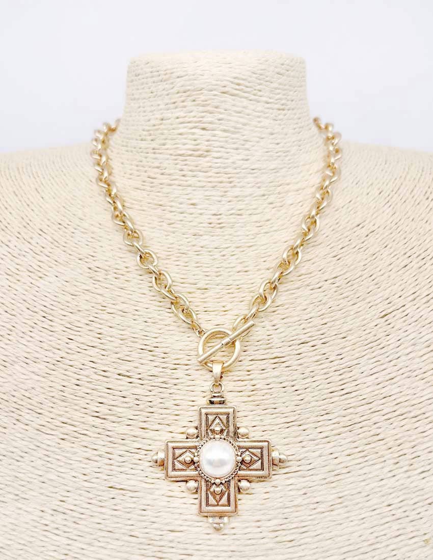 Worn Gold Chain with Pearl and Filigree Charm 16"-18" Necklace