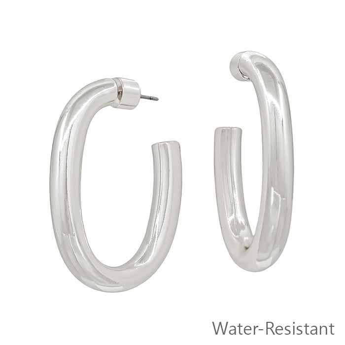 Water Resistant Silver Oval 1.5" Hoop Earring