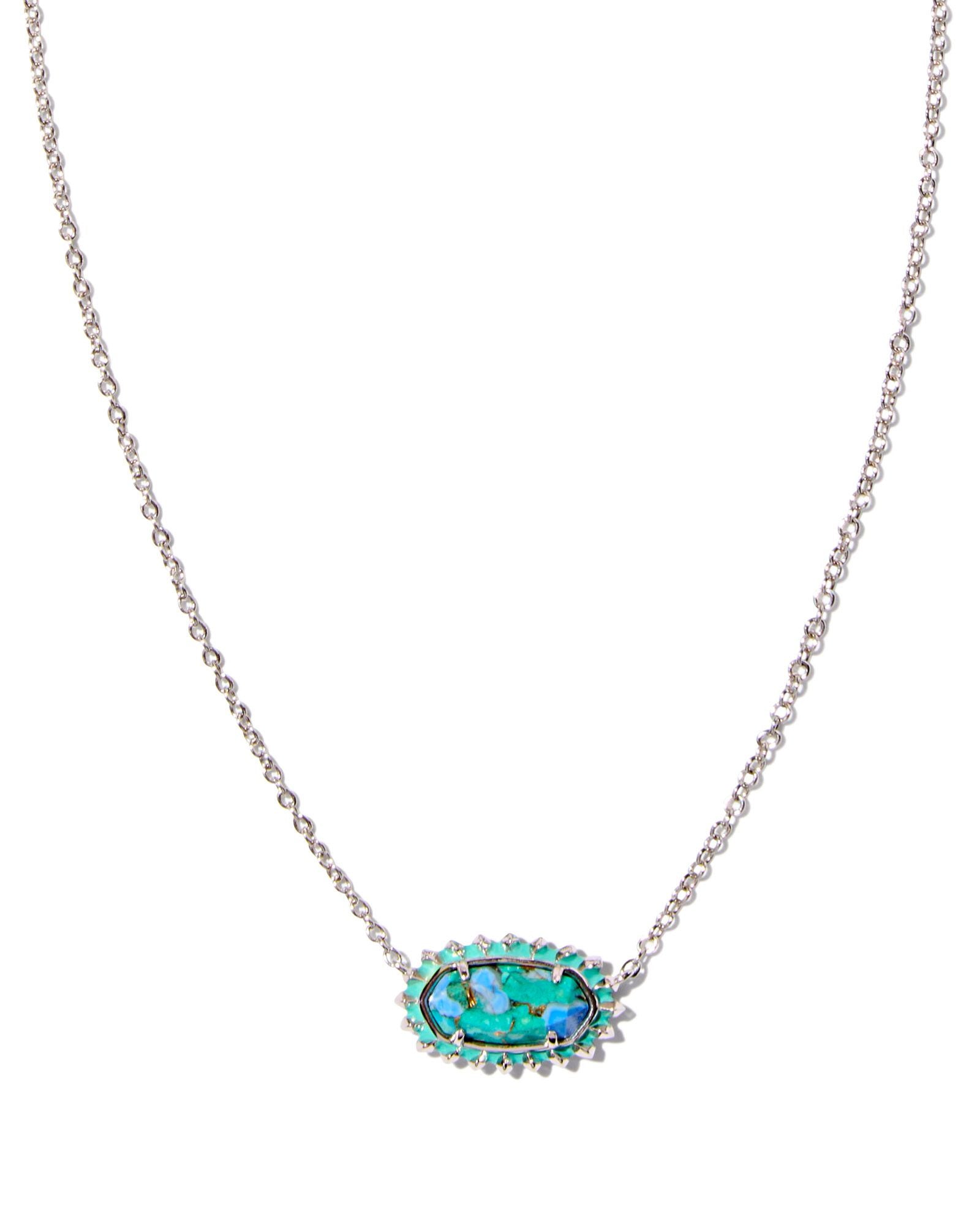 Elisa Color Burst Frame Short Pendant Necklace Silver Bronze Veined Aqua Magnesite