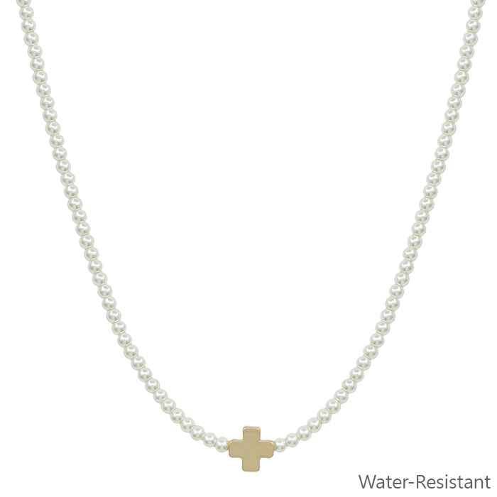 Water Resistant Gold Cross with Pearls 16"-18" Necklace