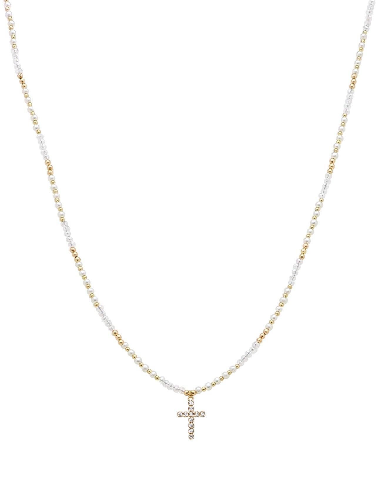 Gold Beaded Chain with Small Rhinestone Cross 16"-18" Necklace