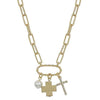 Gold Rhinestone Cross, Gold Cross, and Pearl Charm 16&quot;-18&quot; Necklace