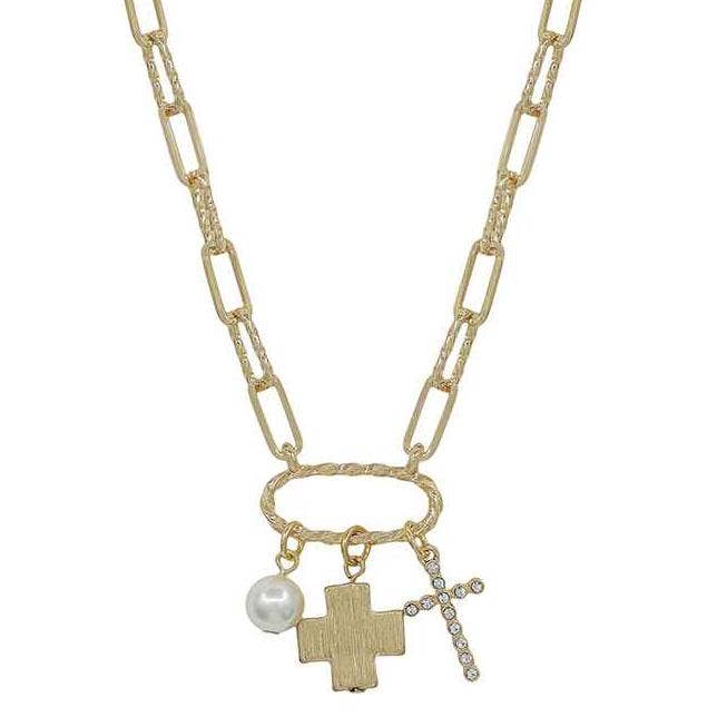 Gold Rhinestone Cross, Gold Cross, and Pearl Charm 16"-18" Necklace