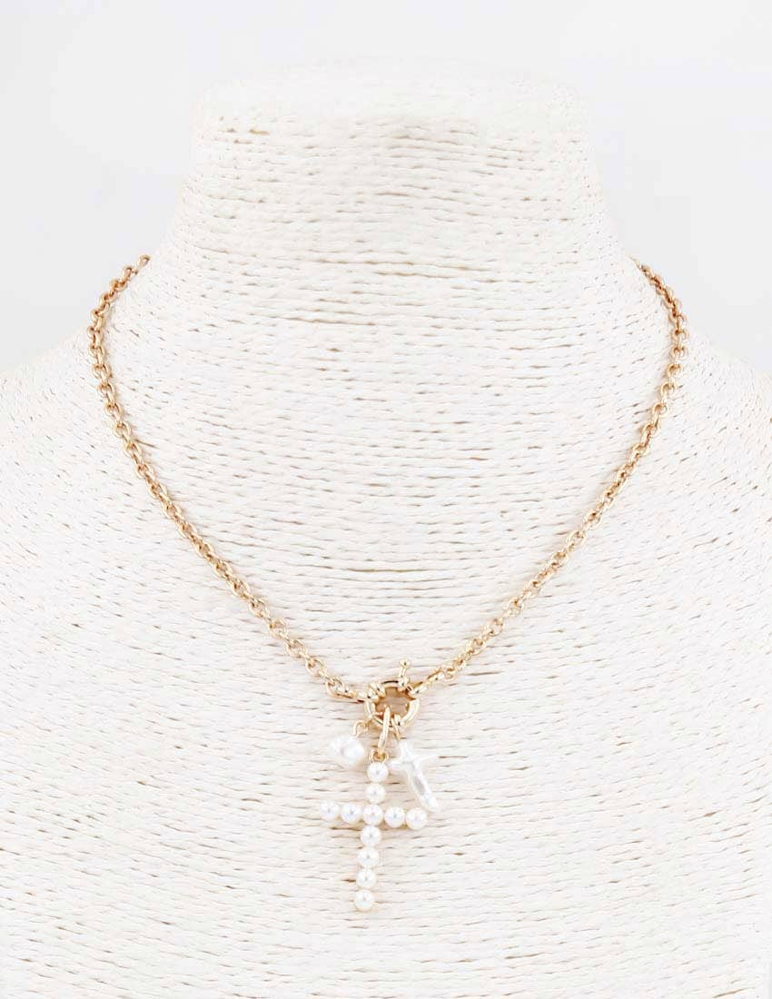 Gold Chain with Pearl Cross Charms 16"-18" Necklace