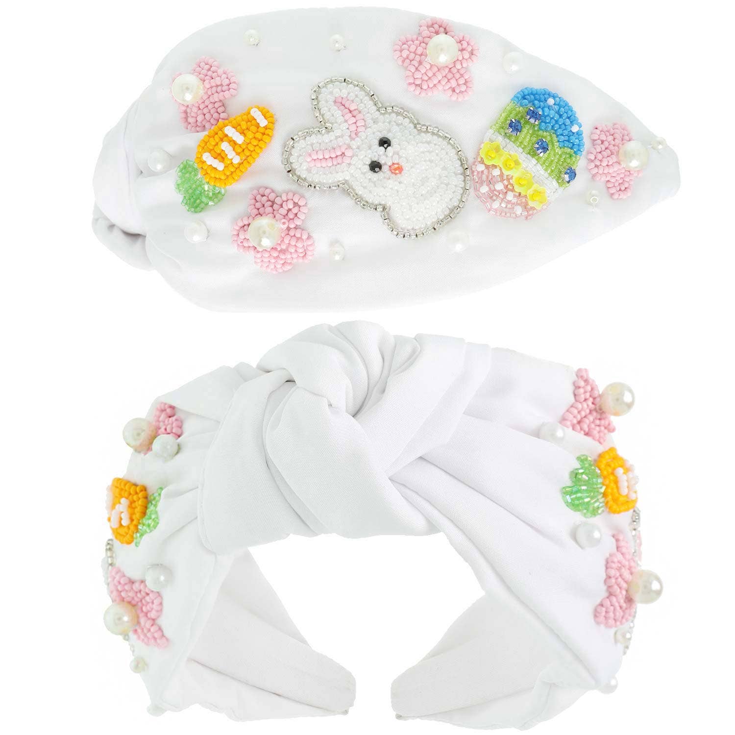 Bunny Beaded Top Knotted Headband: White