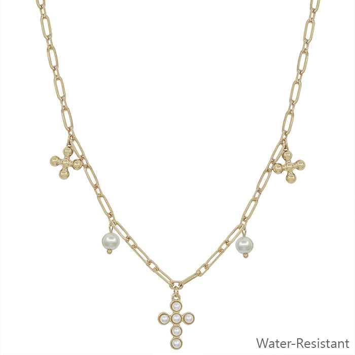 Water Resistant Gold Pearl Cross and Pearl Charm 16"-18" Necklace