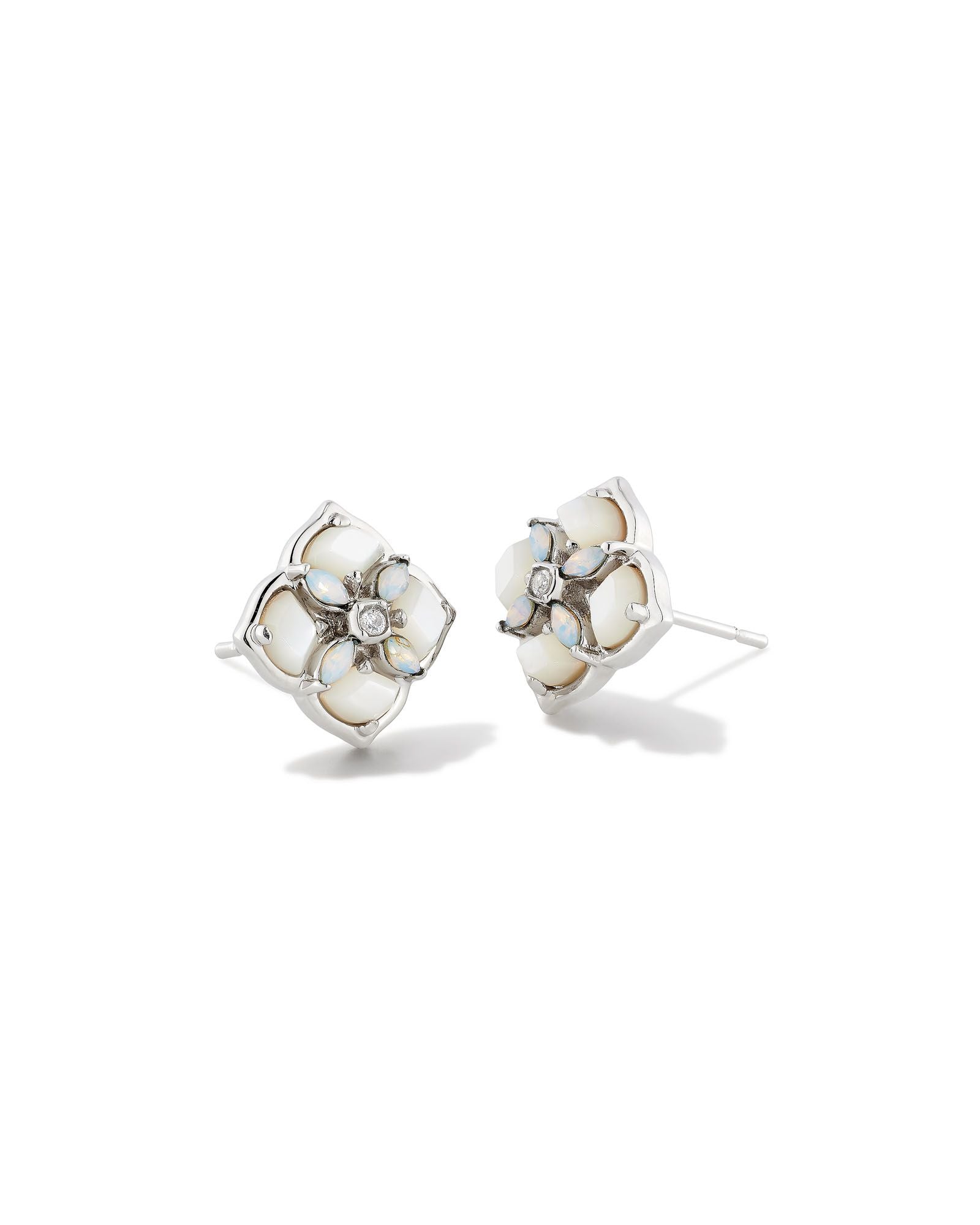 Dira Stone Stud Earrings Rhodium Ivory Mix