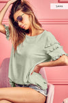 Sage Terry Knit With Ruffle Sleeve Detailed Top