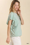 Mint Green Knit Crew Neck Top With Ruffle Sleeves